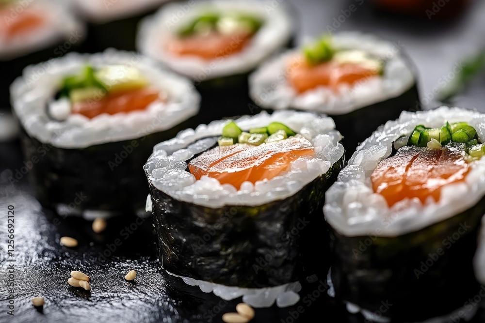 Sushi with rice and fish. Featuring sushi rolls with rice and fish. Highlighting the artistry and flavor of Japanese cuisine. Ideal for culinary and food visuals. Sushi with rice and fish. Featuring sushi rolls with rice and fish. Highlighting the artistry and flavor of Japanese cuisine. Ideal for culinary and food visuals.