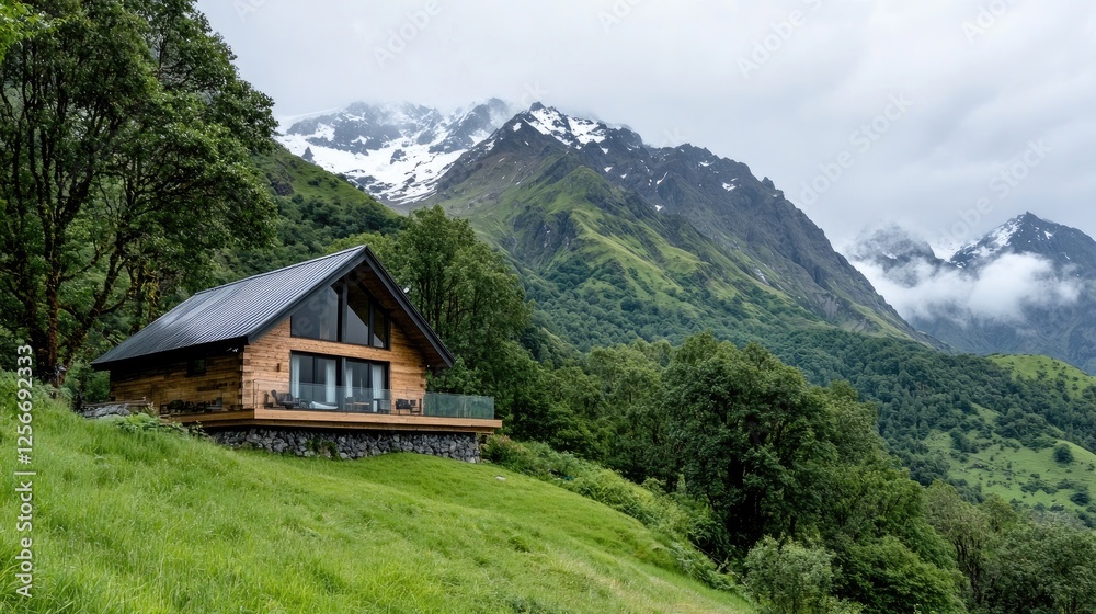 Modern cabin nestled in mountain valley Modern cabin nestled in mountain valley