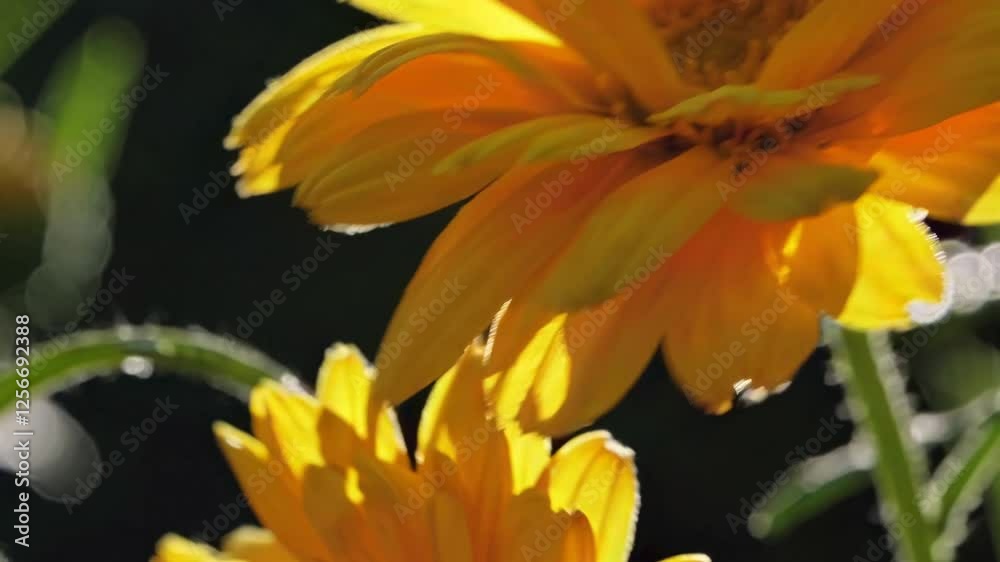 Golden Gerbera Daisy Illuminated by Sunlight, Dew Drops on Petals Golden Gerbera Daisy Illuminated by Sunlight, Dew Drops on Petals