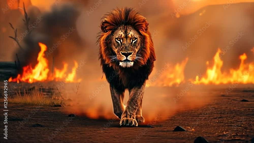 Lion running away from the fire. Destruction of wildlife habitat, ecological disaster. Animal protection concept
