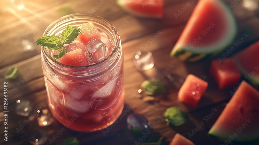 custom made wallpaper toronto digitalRefreshing watermelon drink in mason jar with ice and mint on wooden table. (1)