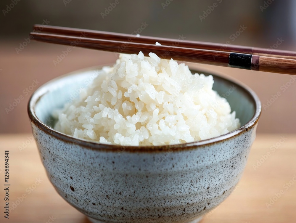 Traditional Asian rice dish in a ceramic bowl. Featuring steamed white rice with chopsticks. Highlighting the simplicity and cultural significance of rice. Ideal for culinary and cultural articles. Traditional Asian rice dish in a ceramic bowl. Featuring steamed white rice with chopsticks. Highlighting the simplicity and cultural significance of rice. Ideal for culinary and cultural articles.