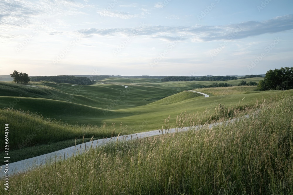 Rolling hills covered in lush greenery stretch across the landscape, with a winding path creating a gentle flow. Soft light from the setting sun enhances the serene atmosphere Rolling hills covered in lush greenery stretch across the landscape, with a winding path creating a gentle flow. Soft light from the setting sun enhances the serene atmosphere