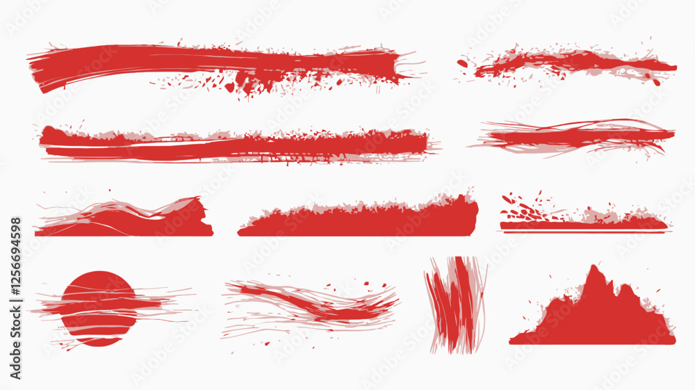 A set of red brush strokes and textured paint effects. Ideal for modern graphic design and abstract compositions. A set of red brush strokes and textured paint effects. Ideal for modern graphic design and abstract compositions.