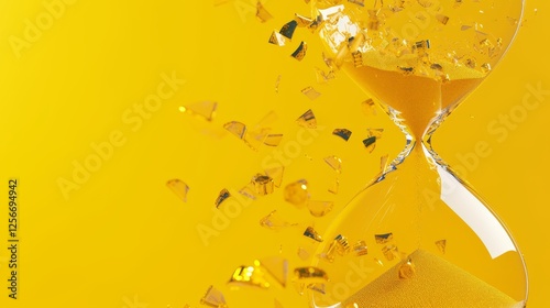 A dynamic composition of an hourglass with golden sand, accentuated by shards of glass dramatically exploding, symbolizing time and fragility. AI generated.