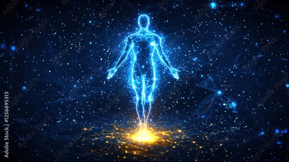 Fototapeta premium Ethereal Human Silhouette Made of Light in Cosmic Environment