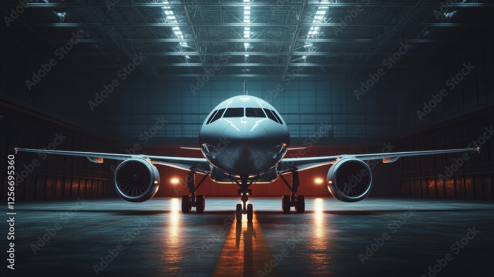 Fototapeta premium Modern airplane parked inside a spacious hangar with bright lighting and distinct architectural elements. Generative AI
