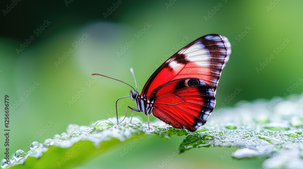 Red butterfly on dew-covered leaf, garden background, nature photography, stock image Red butterfly on dew-covered leaf, garden background, nature photography, stock image