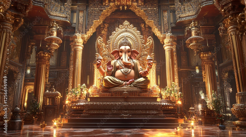 Fototapeta premium Ganesh Statue in a Grand Indian Palace with Golden Pillars, Silk Drapes, and a Sacred Glow. Copy space. Generative AI