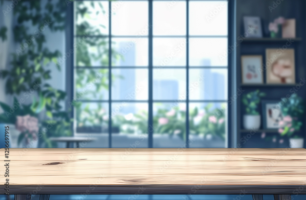 A warm and inviting autumn-inspired interior setting featuring a polished wooden table in the foreground. A warm and inviting autumn-inspired interior setting featuring a polished wooden table in the foreground.