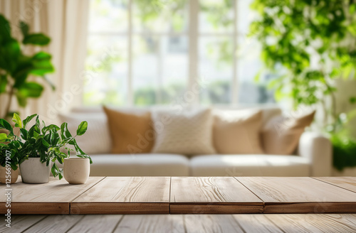 A cozy and inviting modern living room featuring a wooden table in the foreground, adorned with fresh green plants in minimalist pots