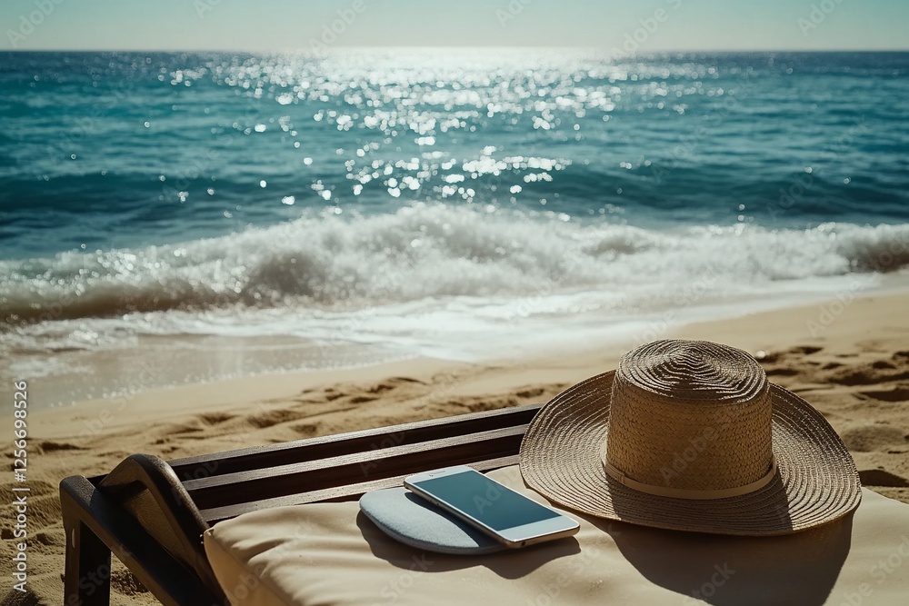 Obraz premium Smartphone and straw hat on beach lounger, ocean background.