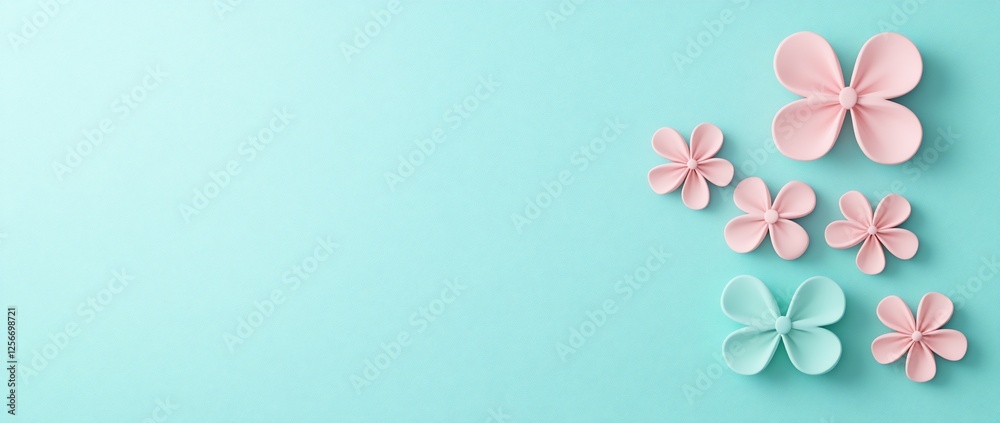 Fototapeta premium Pastel pink and blue paper flowers on a turquoise background.