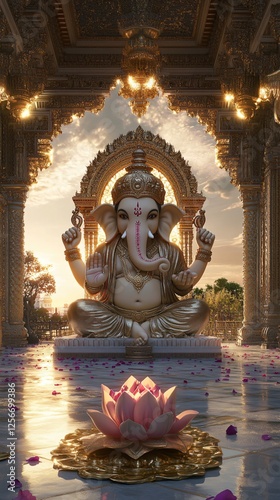  Ganesh Statue in a Royal Indian Courtyard with Golden Lotus Fountain, Ethereal Mist, and Sacred Offerings. Copy space. Generative AI