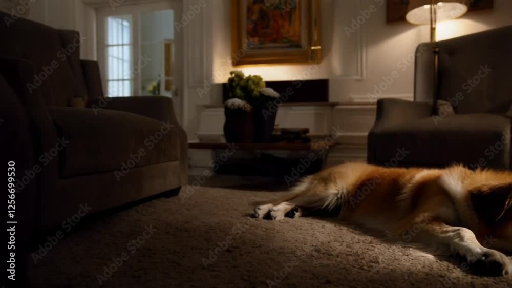 A dog lying on a rug in a quiet living room, the light from a nearby lamp casting a soft glow. 