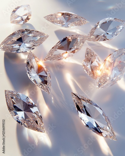 Sparkling marquise diamonds scattered on a light surface, reflecting light.