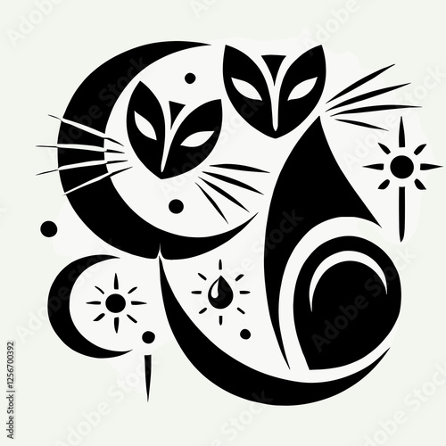 Abstract black and white composition of stylized cats and celestial elements in a modern design