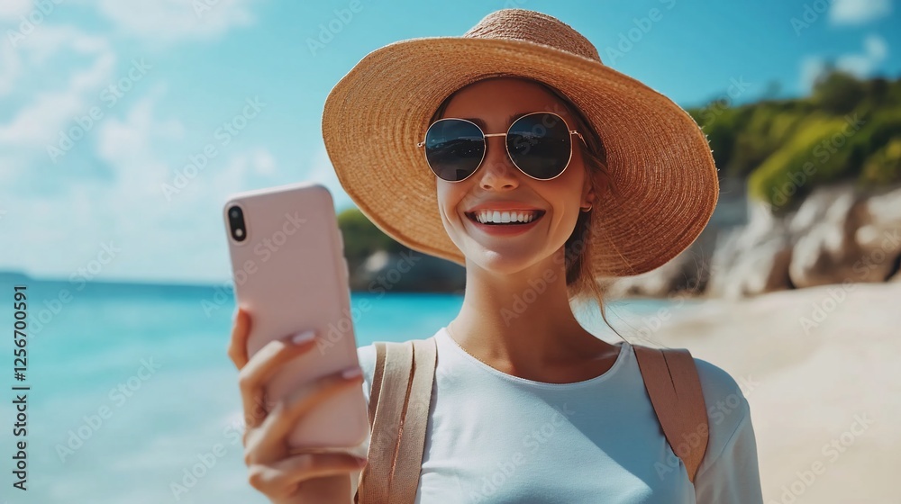 Fototapeta premium Young woman enjoying her tropical beach holiday taking selfies with smartphone