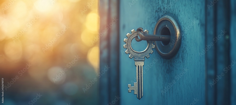 Key in door lock, gear design, sunlight background. Key in door lock, gear design, sunlight background.