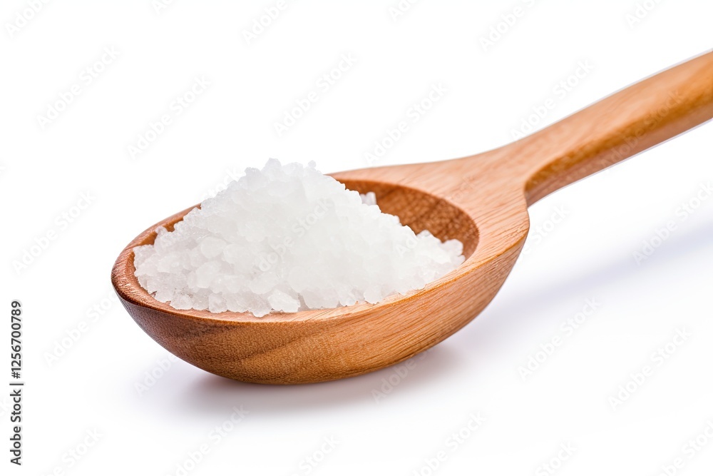 Salt on white background in a wooden spoon Salt on white background in a wooden spoon
