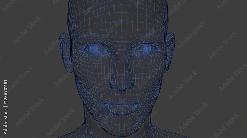 3D Wireframe Model of a Human Face in Blue Color Scheme 3D Wireframe Model of a Human Face in Blue Color Scheme