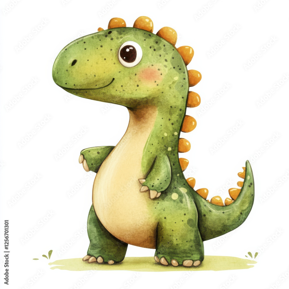 Fototapeta premium A cute dinosaur illustration on a white background, perfect for children's designs, posters, and educational materials. This playful and friendly artwork adds a fun prehistoric touch to any project.