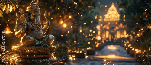 Ganesh Statue in a Moonlit Indian Garden with Golden Trees, Illuminated Pathways, and Celestial Glow. Copy space. Generative AI