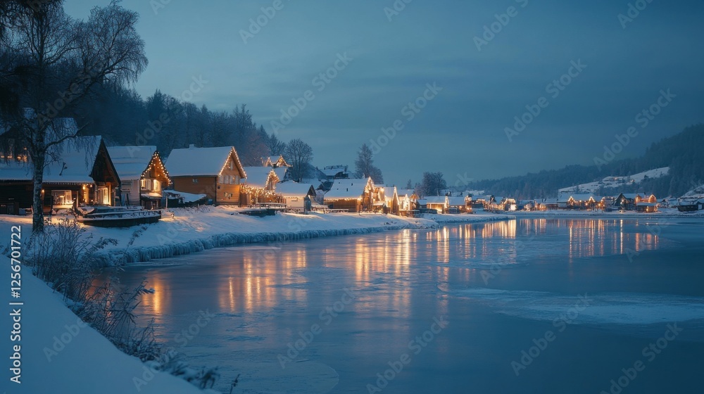 Fototapeta premium Tranquil Winter Landscape at Dusk with Snowy Cabins and Glowing Reflections on Serene Lake