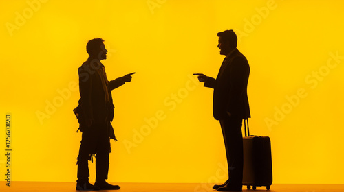 meeting of two opposite kind of man: homeless man in torn clothes and rich man in suit with suitcase. homeless man confronting rich man for his own failure. rich man reacting calmly. yellow background photo