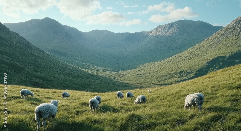 Aerial Drone View of a Lush Green Mountainous Area with Grazing Sheep.