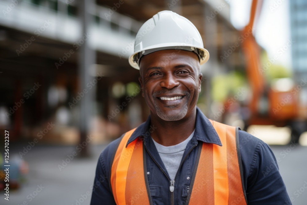 Smiling portrait of a young male African American construction worker Smiling portrait of a young male African American construction worker