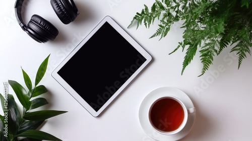 A stylish workspace setup featuring a tablet, wireless headphones, and a cup of tea on a clean white desk. Copy space. photo