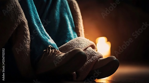 Cozy scene of a person wrapped in a blanket beside a glowing candle, evoking warmth and tranquility