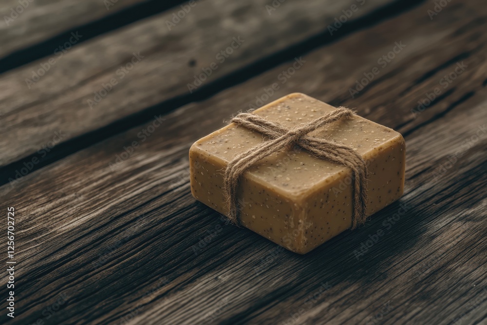 Rustic decorative soap bar tied with rope placed on aged wooden surface for home decor and gifts Rustic decorative soap bar tied with rope placed on aged wooden surface for home decor and gifts