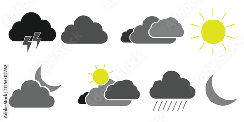 Weather flat icons set. Parts of the Day Morning, Afternoon, Noon, Evening ,Night Icons. Sunset and Night Icons, Simple glyph silhouette signs for web.