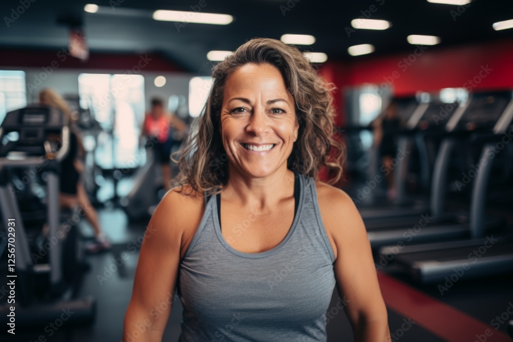 Smiling portrait of a middle aged slightly overweight woman in gym Smiling portrait of a middle aged slightly overweight woman in gym
