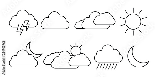 Weather and meteorology editable stroke outline icons set isolated on white background flat vector illustration.