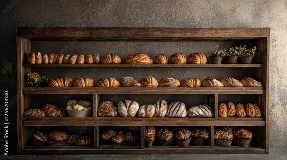 A wooden bakery display filled with croissants, baguettes, and other freshly baked bread. Warm and inviting. Copy space.