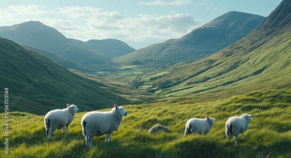 Naklejka premium Aerial Drone View of a Lush Green Mountainous Area with Grazing Sheep.