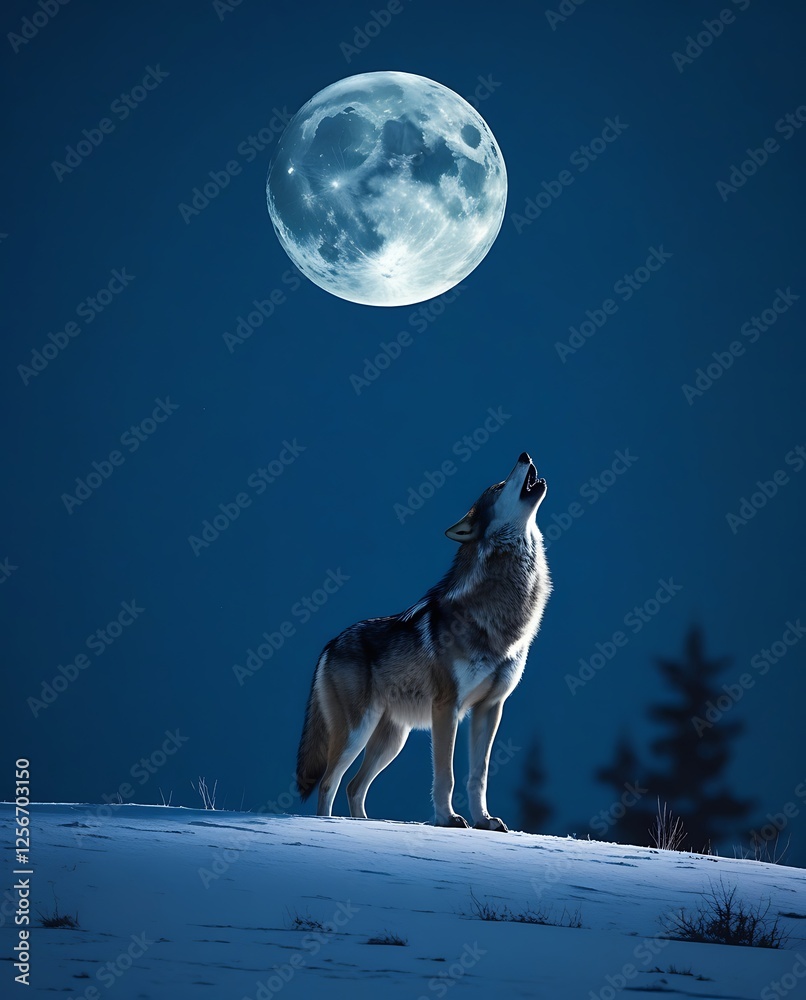 Naklejka premium A lone wolf stands on a snowy hill, howling at the full moon against a deep blue night sky, symbolizing wilderness, freedom, and the beauty of nature in winter 