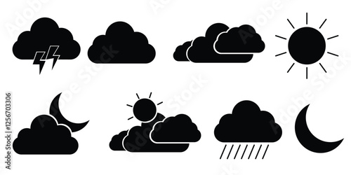 Weather flat icons set. Parts of the Day Morning, Afternoon, Noon, Evening ,Night Icons. Sunset and Night Icons, Simple glyph silhouette signs for web.
