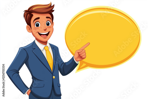 Cartoon Businessman Illustration with Yellow Speech Bubble Professional Character for Communication and Presentation Concepts