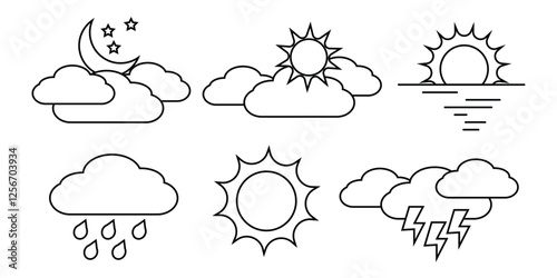 Weather and meteorology editable stroke outline icons set isolated on white background flat vector illustration.