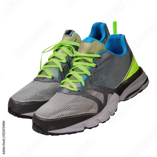 Stylish Gray and Green Athletic Running Shoes for Fitness Enthusiasts photo