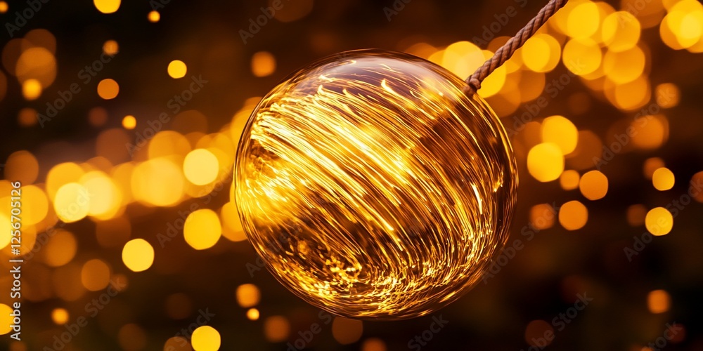 Golden sphere with swirling light patterns hangs against a bokeh background. Golden sphere with swirling light patterns hangs against a bokeh background.