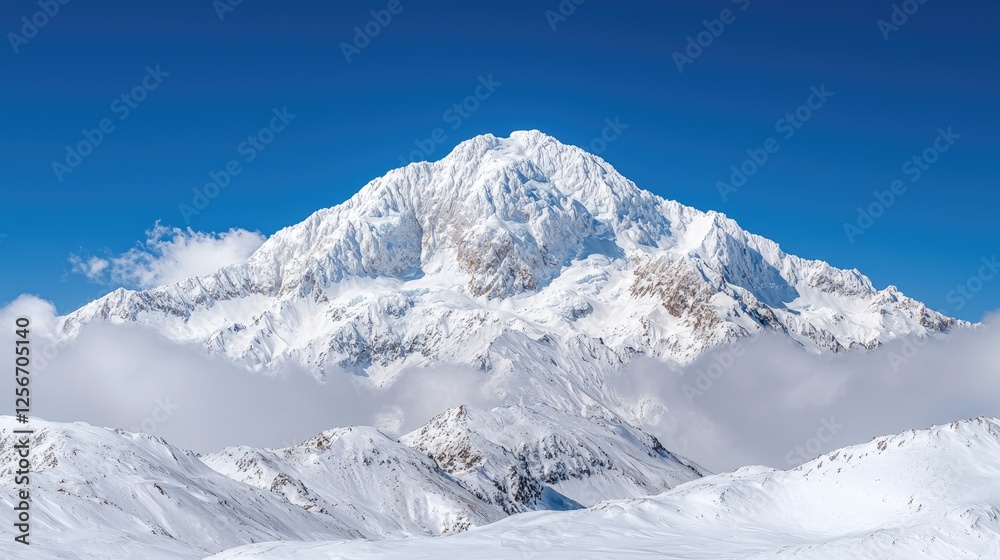 Snowy mountain peak, winter landscape, clear sky, cloud cover, travel poster Snowy mountain peak, winter landscape, clear sky, cloud cover, travel poster