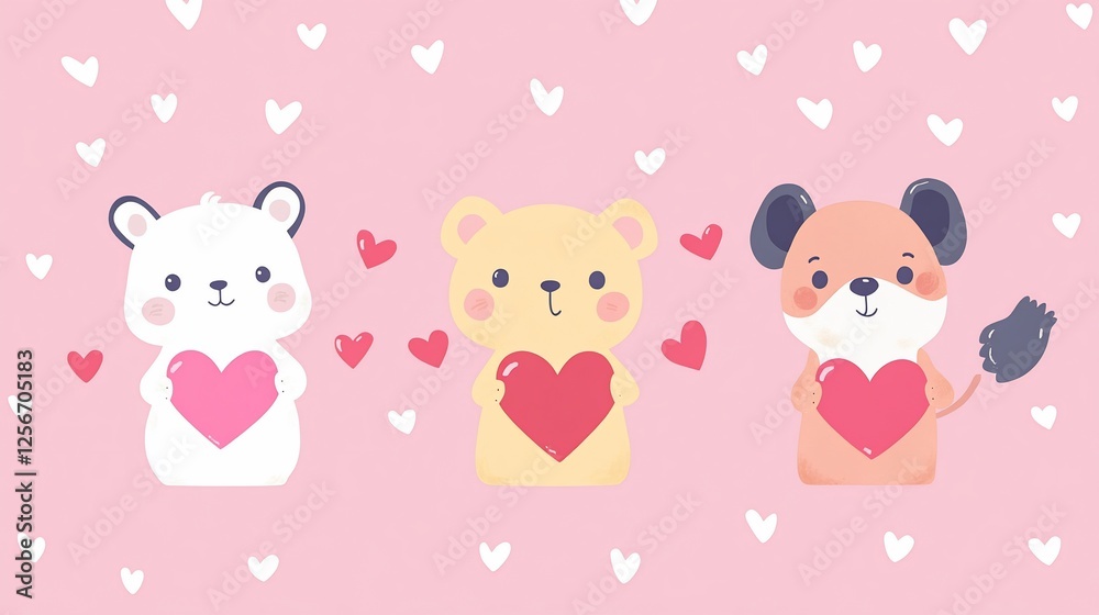 Three adorable animals holding heart shapes on a cute pink background pattern Three adorable animals holding heart shapes on a cute pink background pattern