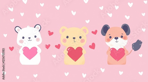 Three adorable animals holding heart shapes on a cute pink background pattern
