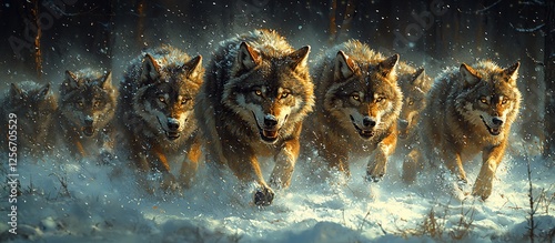 A pack of wolves running through a snowy forest, showcasing their power and unity