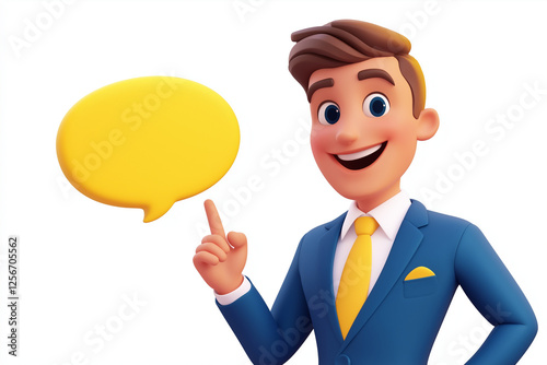 3D Businessman Illustration with Yellow Speech Bubble Modern Cartoon Character Design for Communication and Presentation Concepts